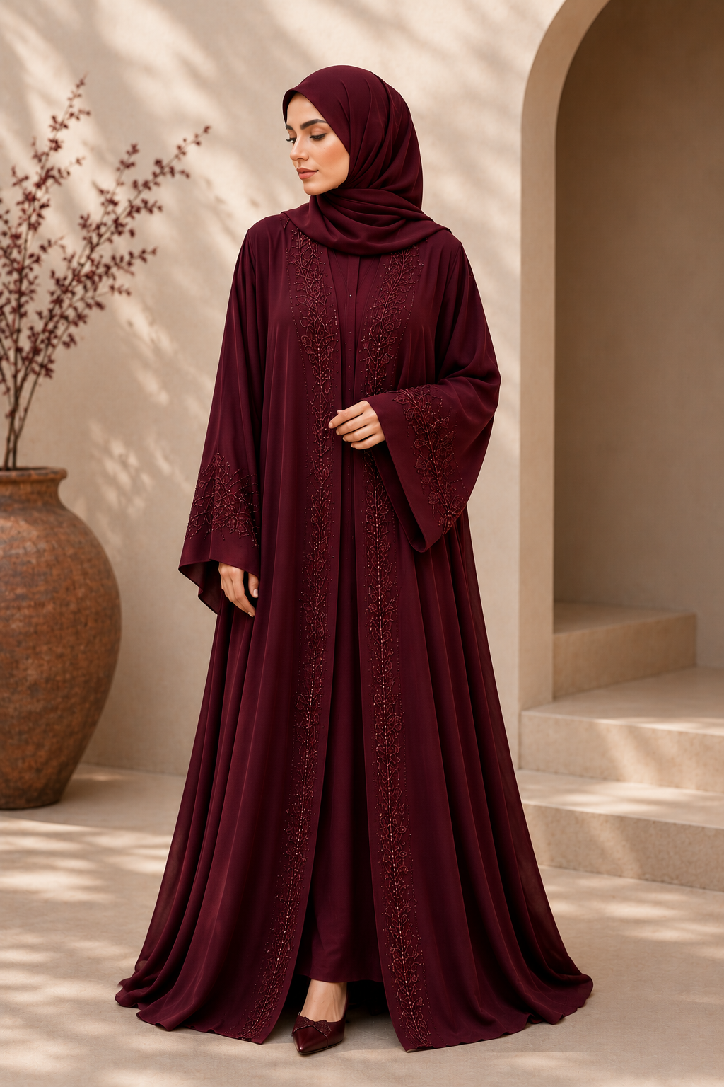 Yaqoot Abaya – Premium Maroon Embroidered Open Abaya