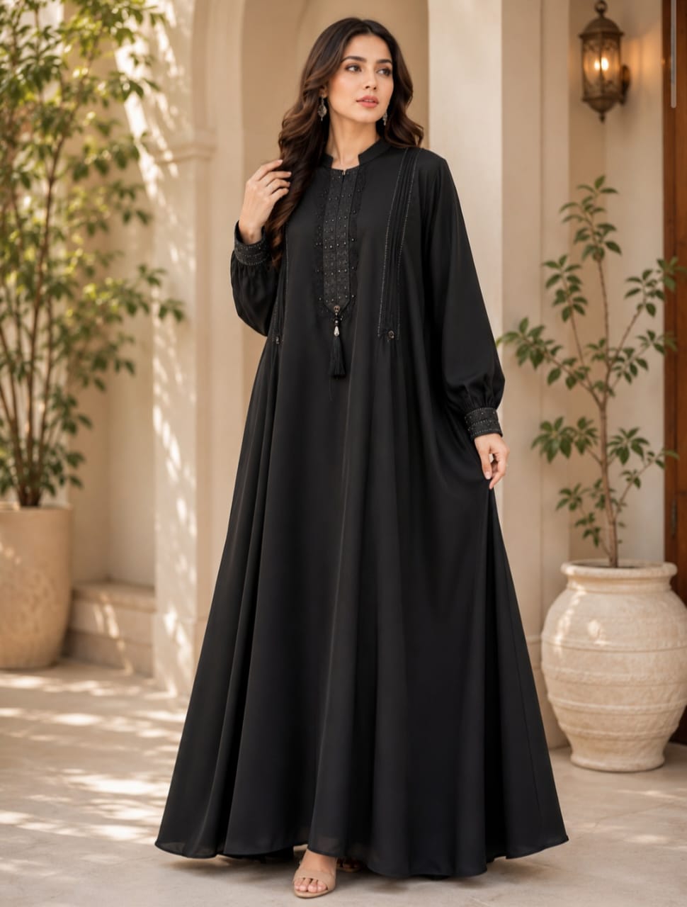 Sybil Abaya Noor-e-Yaqoot Premium Embroidered Full Flare Abaya for Women in Jet Black