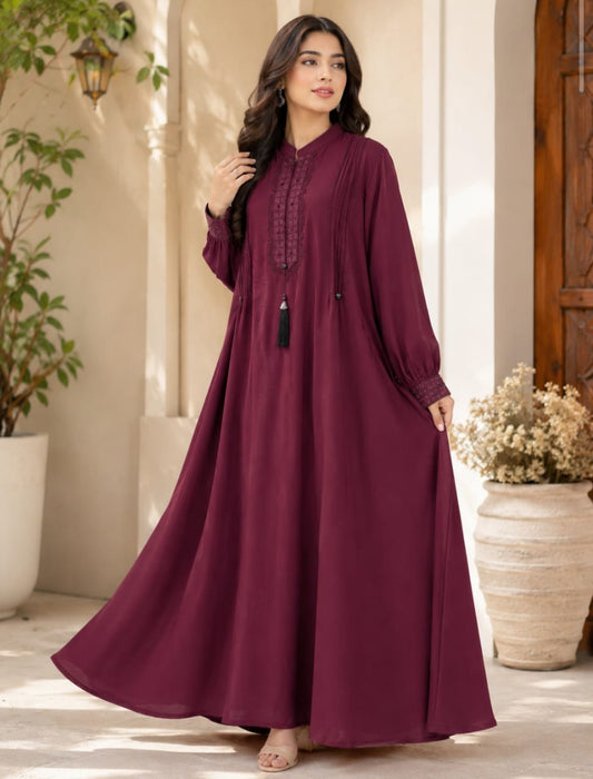 Sybil Abaya Noor-e-Yaqoot Premium Embroidered Full Flare Abaya for Women in Burgundy