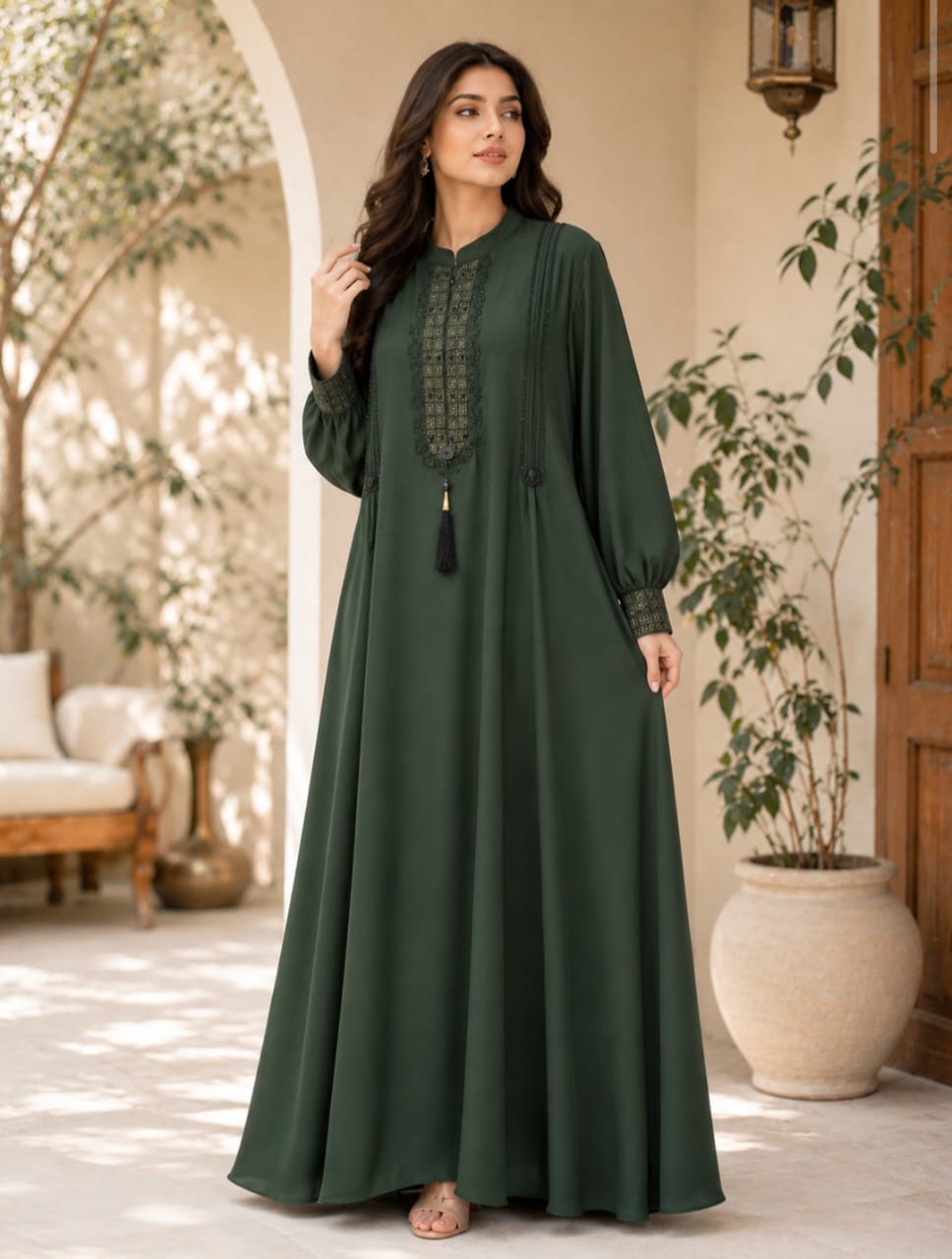 Sybil Abaya Noor-e-Yaqoot Premium Embroidered Full Flare Abaya for Women in Forest Green