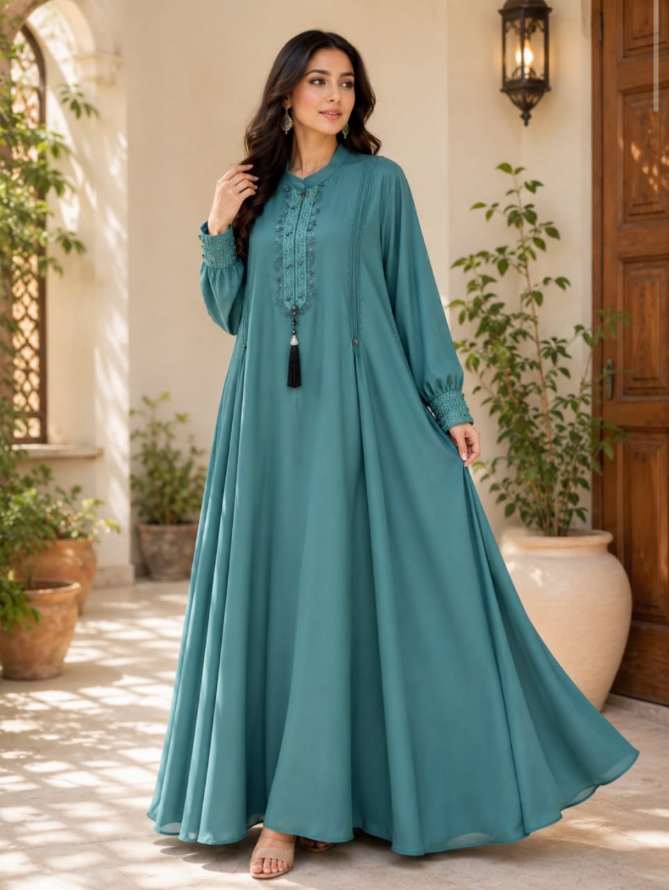 Sybil Abaya Noor-e-Yaqoot Premium Embroidered Full Flare Abaya for Women in Dusty Teal
