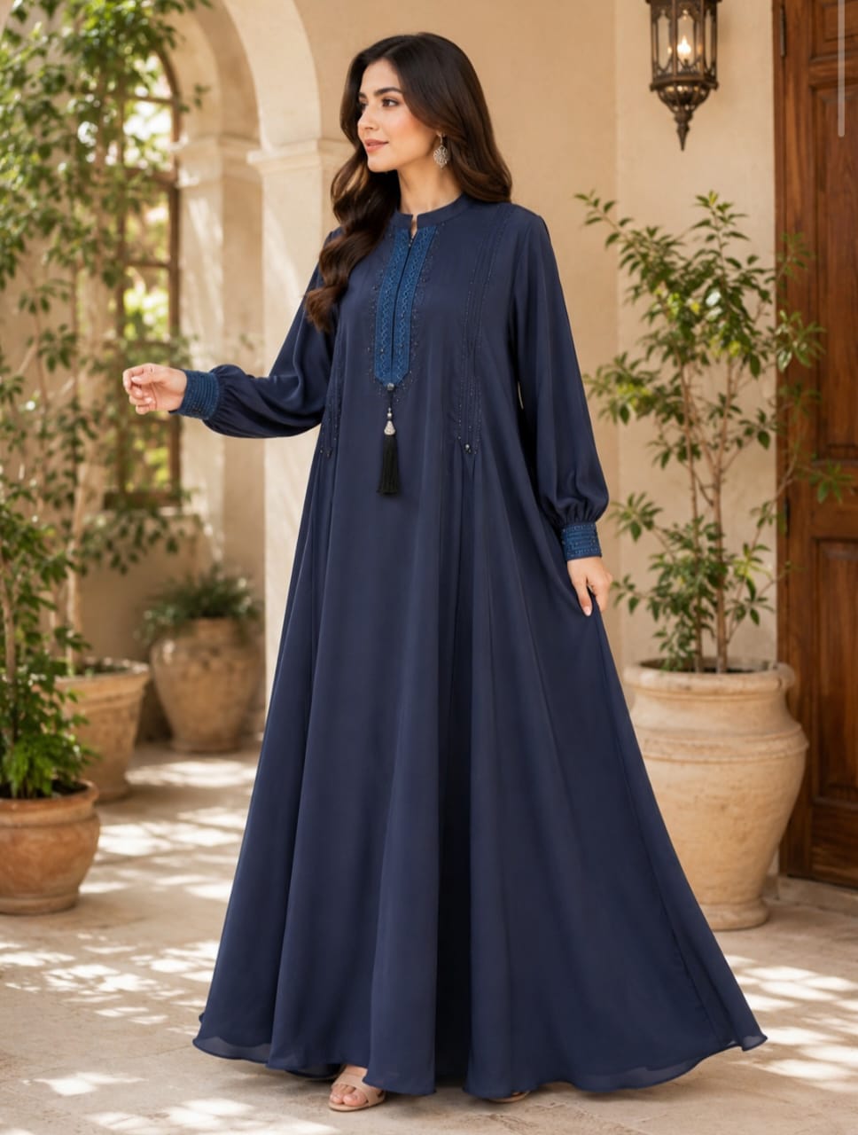 Sybil Abaya Noor-e-Yaqoot Premium Embroidered Full Flare Abaya for Women in Midnight Blue