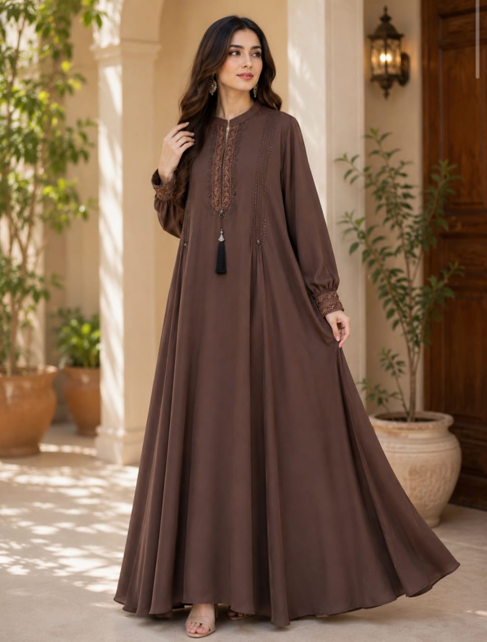 Sybil Abaya Noor-e-Yaqoot Premium Embroidered Full Flare Abaya for Women in Chocolate Brown