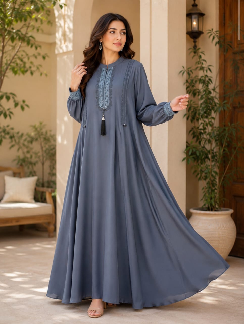 Sybil Abaya Noor-e-Yaqoot Premium Embroidered Full Flare Abaya for Women in Slate Blue