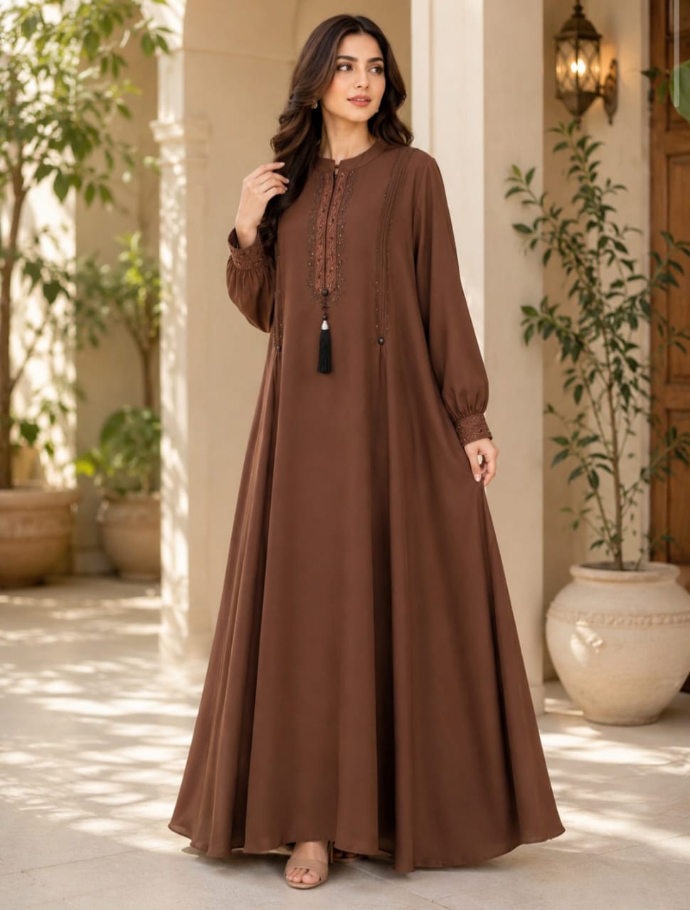 Sybil Abaya Noor-e-Yaqoot Premium Embroidered Full Flare Abaya for Women in Mocha Brown