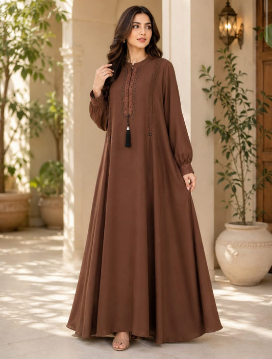 Sybil Abaya Noor-e-Yaqoot Premium Embroidered Full Flare Abaya for Women in Mocha Brown